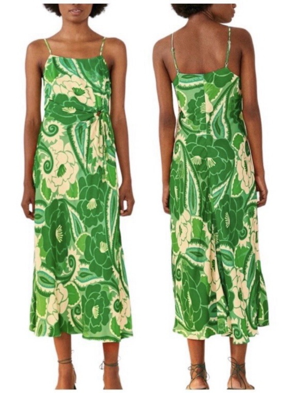 FARM Rio Green & Cream Floral Midi Slip Dress